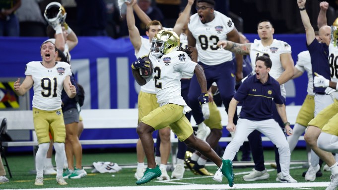 Jayden Harrison of Notre Dame returns the second-half kickoff for a touchdown against Georgia during the 91st Allstate Sugar Bowl at Caesars Superdome on January 2, 2025 in New Orleans